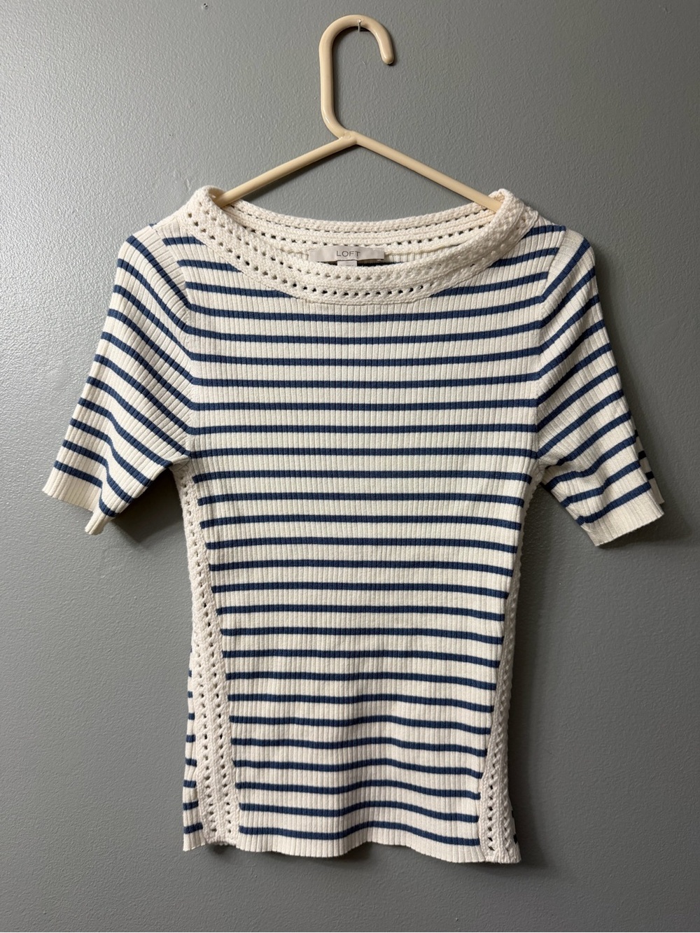 Loft striped ribbed crochet detail short sleeve sweater medium